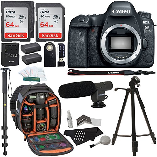 Canon EOS 6D Mark II Digital SLR Camera Body, Sandisk Ultra 64GB 2 Pack, Ritz Gear Camera Backpack, Tripod, Replacement Battery, Cleaning Kit, Monopod with Quick Release, and Accessory Bundle