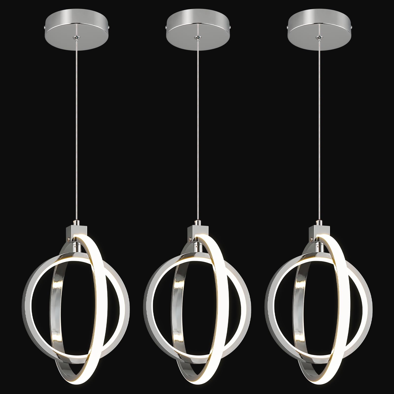 Photo 1 of ** FACTORY SEALED**
BNHHLZ Modern LED Chandelier Chrome Ring Pendant Light Fixtures 4000K Dimmable Height Adjustable Pendant Lighting for Dining Room Kitchen Island Bedroom Living Room Foyer?Chrome Round 3-Pack?