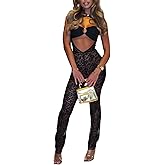 Molilove Women's Lace Jumpsuits Stretch See Through Hollow Out Backless Flare Pants Rompers Sexy One Piece Outfits