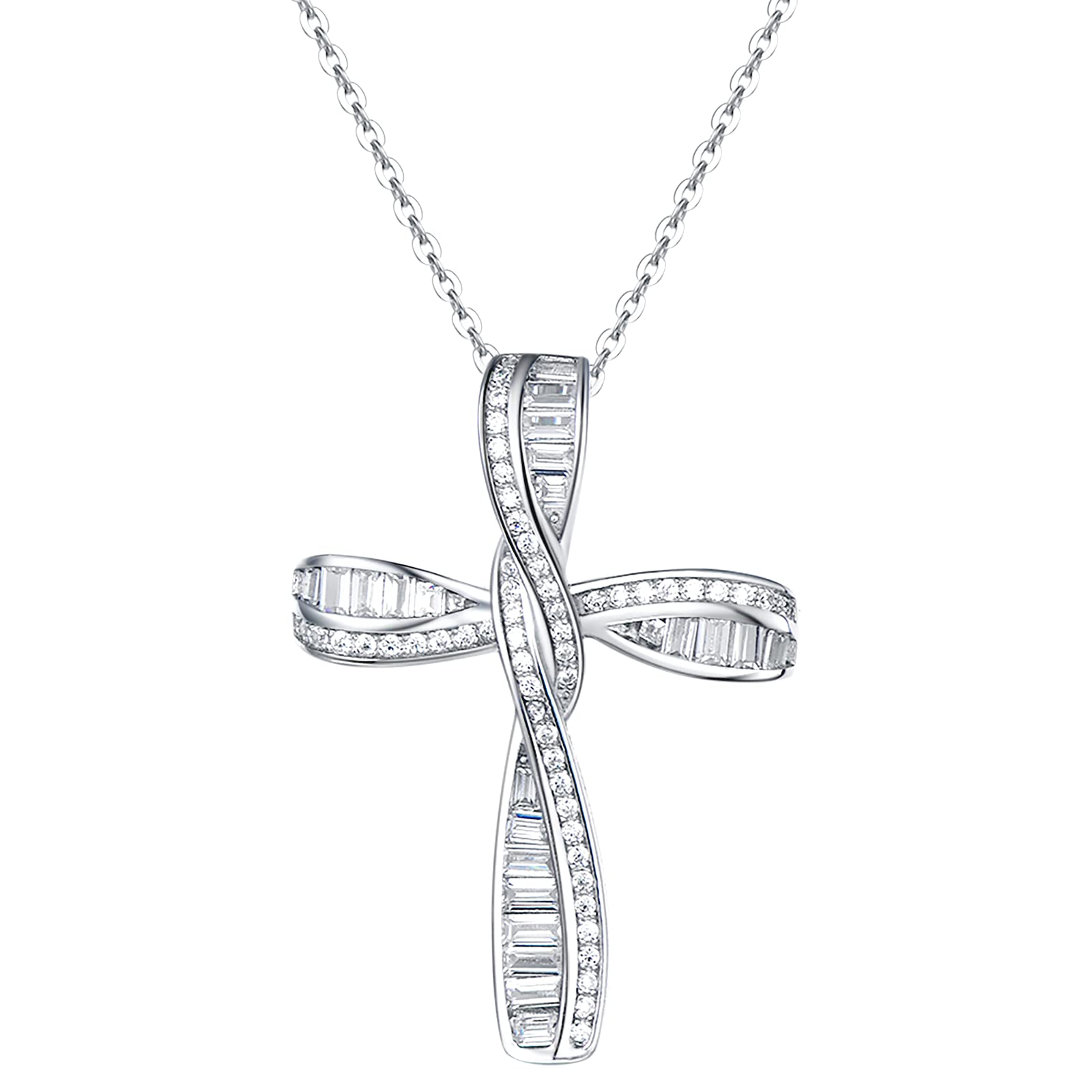FANCIME Solid 925 Sterling Silver White Gold Plated CZ Cubic Zirconia Twisted Cross Infinity Open Loop Crucifix Pendant Necklace Jewellery Gift for Women Girls - Chain Length: 16 + 2 Inch