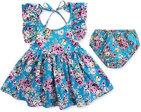 Betsy's Baby Girl Infant Newborn Casual 2-Piece Summer Light Blue Foral Dress Set With Briefs(0-3 Months)