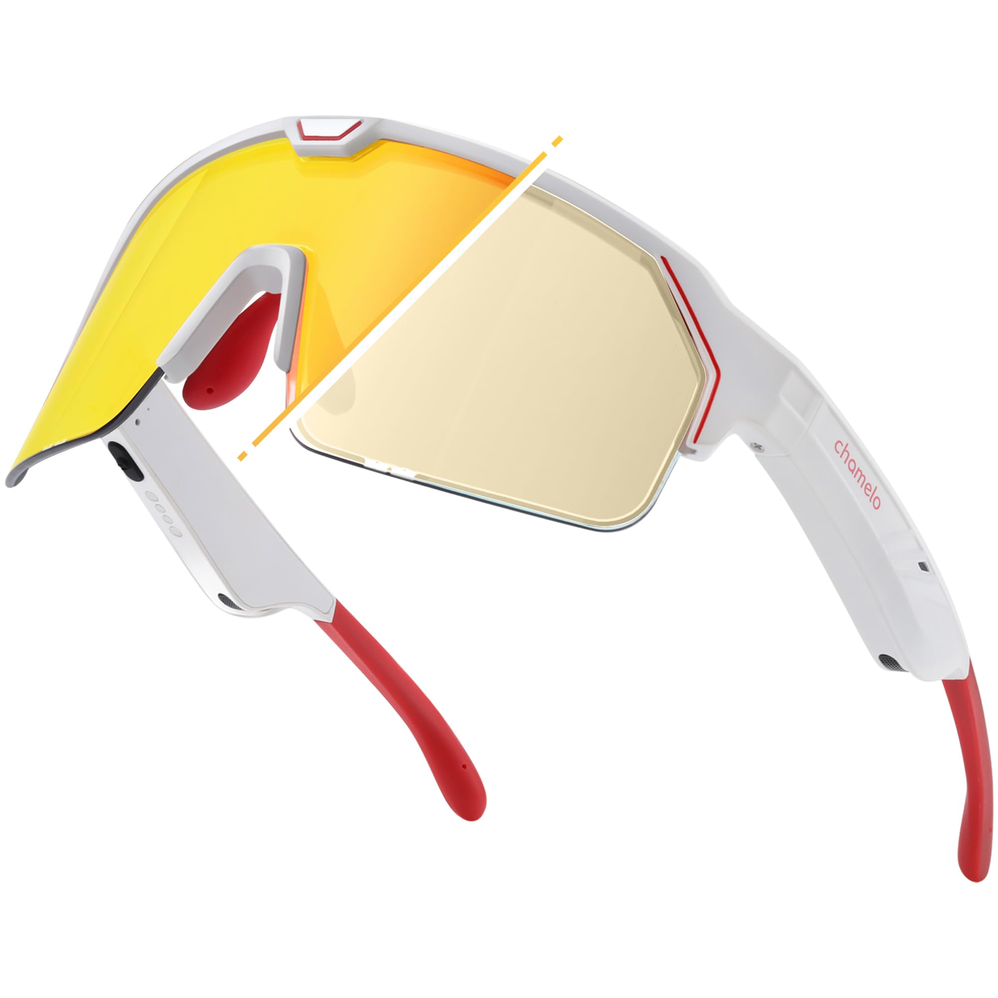 Photo 1 of Chamelo Music Shield Smart Audio Sunglasses – Matte White Frame, Smoke Lenses | Open-Ear Bluetooth Glasses for Men & Women with Electronic Tint Control, Sweat Proof, Sports Eyewear, 100% UV Protection