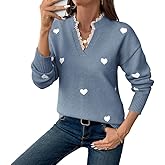 Women's Valentine's Day V Neck Lace Trim Heart Sweater - Oversized Casual Knit Pullover for Spring Fall Party Wedding Top