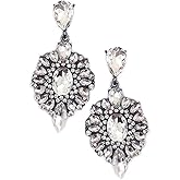 Large Antique Silver Tone Art Deco Vintage Style Rhinestone Wedding Bridal Prom Earrings