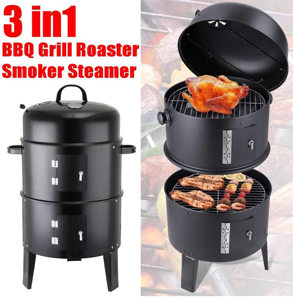ZhiWei Vertical 16 Inch Steel Charcoal Smoker, Portable 3 in 1 BBQ Grill Roaster Steamer Barbecue Grill Heavy Duty Round BBQ Grill for Outdoor Cooking, Black