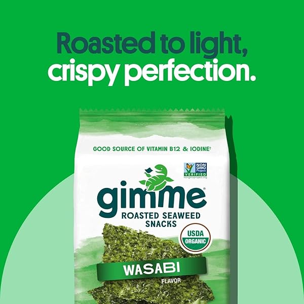 GIMME SEAWEED – WASABI – 12 COUNT – ORGANIC ROASTED SEAWEED SHEETS – KETO, VEGAN, GLUTEN FREE – GREAT SOURCE OF IODINE & OMEGA 3’S – HEALTHY ON-THE-GO SNACK FOR KIDS & ADULTS