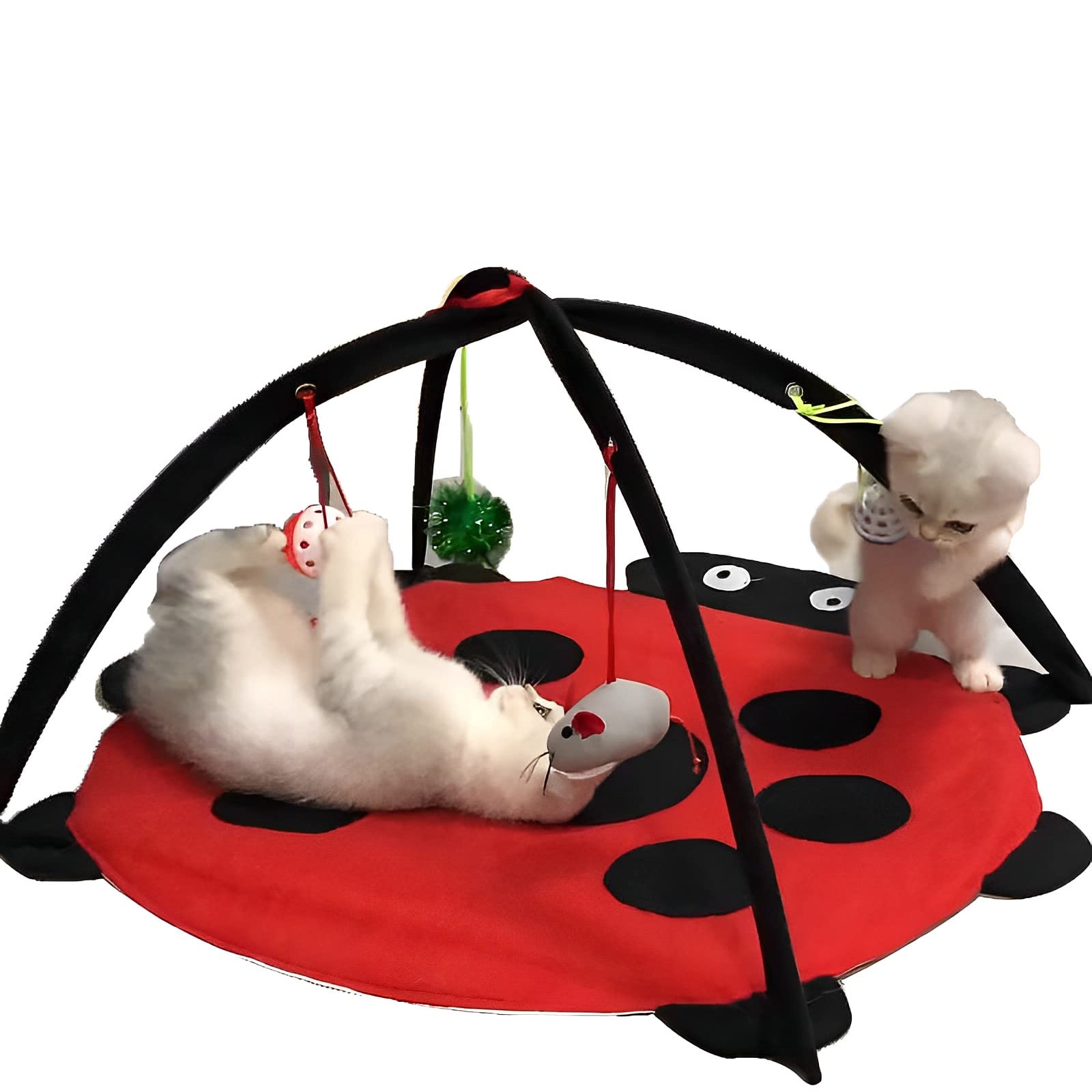 Tofern Multi-Function Pet Kitten Cat Interactive Activity Soft Fleece Folding Toy Mat Bed Hammock Tent With Hanging Mouse Bell Balls, red