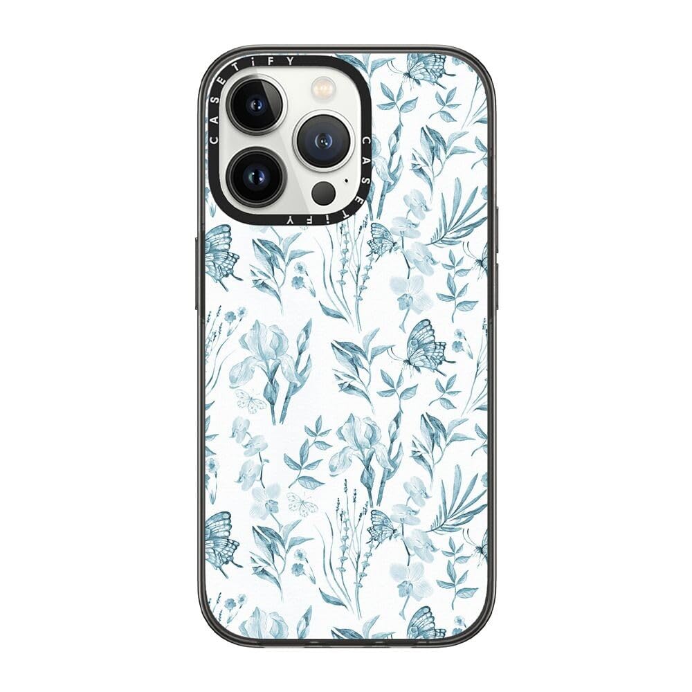 CASETiFY Compact iPhone 13 Pro Case [2X Military Grade Drop Tested / 4ft Drop Protection] - Elegant pastel blue vintage butterfly floral - Clear Black