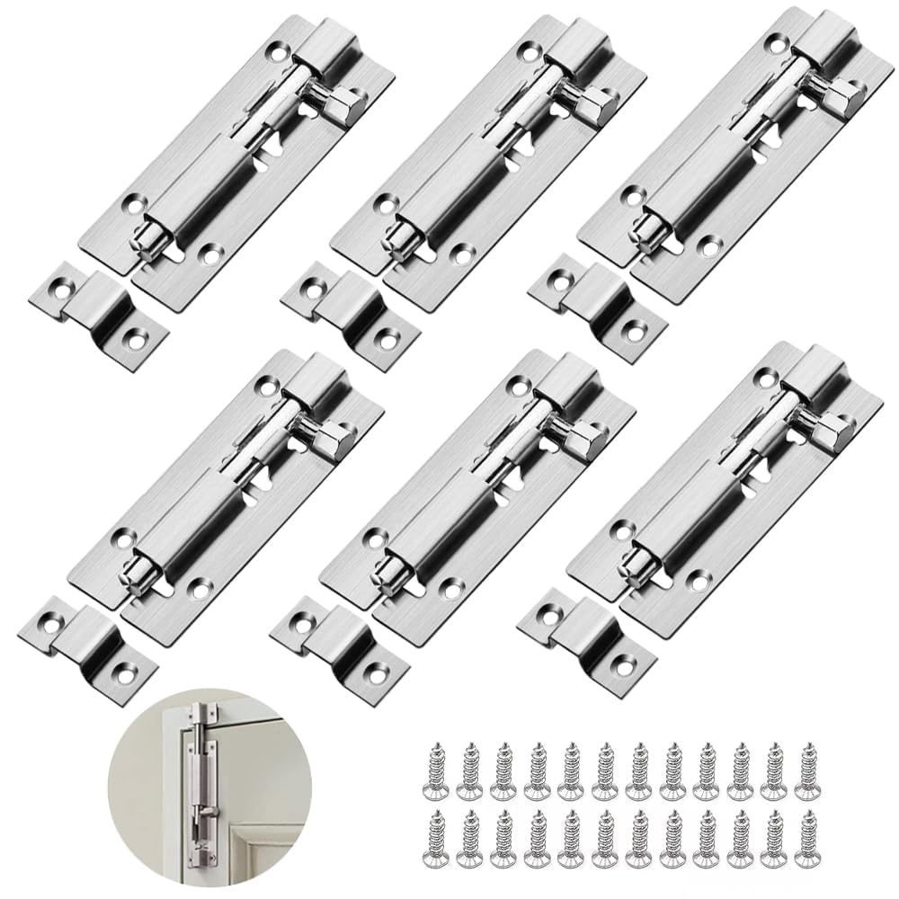 6 Pack Door Lock Bolt, Security Slide Lock Bolts, Barrel Sliding Latch Lock with Screws, Surface Mounted Door Bolts Latches for Bathroom, Toilet, Shed, Shower, Bedroom (3 Inch)