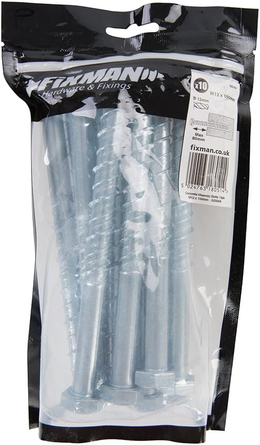 Fixman 525059 Concrete Masonry Bolts M12 x 150mm Pack of 10 BigaMart