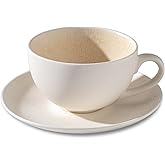 Ceramic Latte Art Mug With Saucer - 10 oz, Round Bottom For Perfect Pours - Cafe Cups for Cappuccino, Espresso, Coffee, Tea - Handmade Porcelain Set for Baristas, Great Gift - Apricot