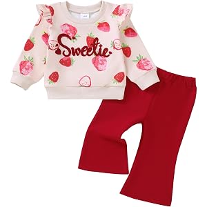 Mioglrie Toddler Baby Girl Fall Winter Clothes Infant Sweatsuit Flare Pants | Embroidered Sweatshirt,Bell Bottom Pants,Printe