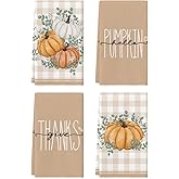 Artoid Mode Orange Eucalyptus Leaves Hello Pumpkin Fall Kitchen Towels Dish Towels, 18x26 Inch Farmhouse Give Thanks Decoration Hand Towels Set of 4