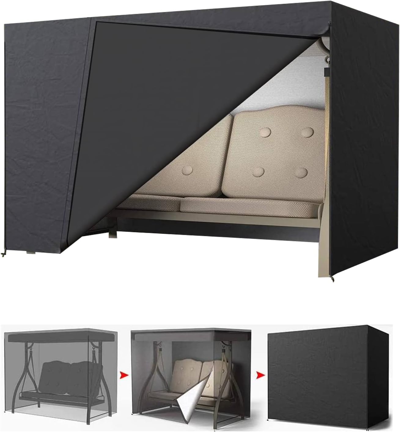 LCGOD Garden Swing Cover 3-Seater Waterproof Hammock Cover with Zips, Black 600D Oxford Fabric Outdoor Swing Seat Cover Dustproof Snowproof Windproof Anti-UV (215x125x170cm)