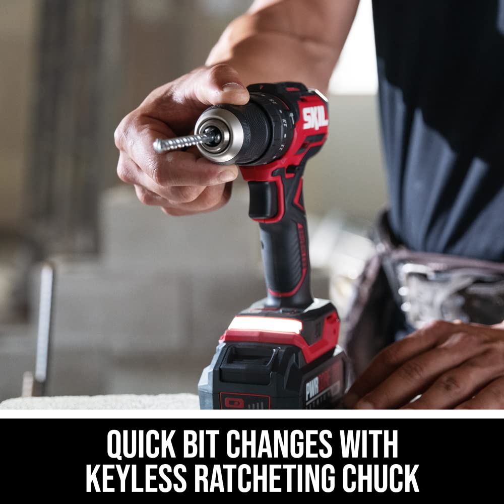Skil PWR CORE 20 Brushless 20V 1/2 in. Compact 3-in-1 Hammer Drill Kit with 1/2'' Single-Sleeve, Keyless Chuck & LED Worklight Includes 2.0Ah Battery and PWR Jump Charger - HD6294B-10