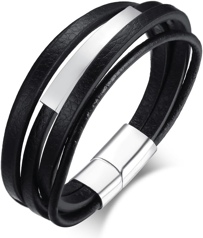 VNOX Stainless Steel Customized Tag Personalised Black Leather Wrap Bracelet for Men,Free Engraving