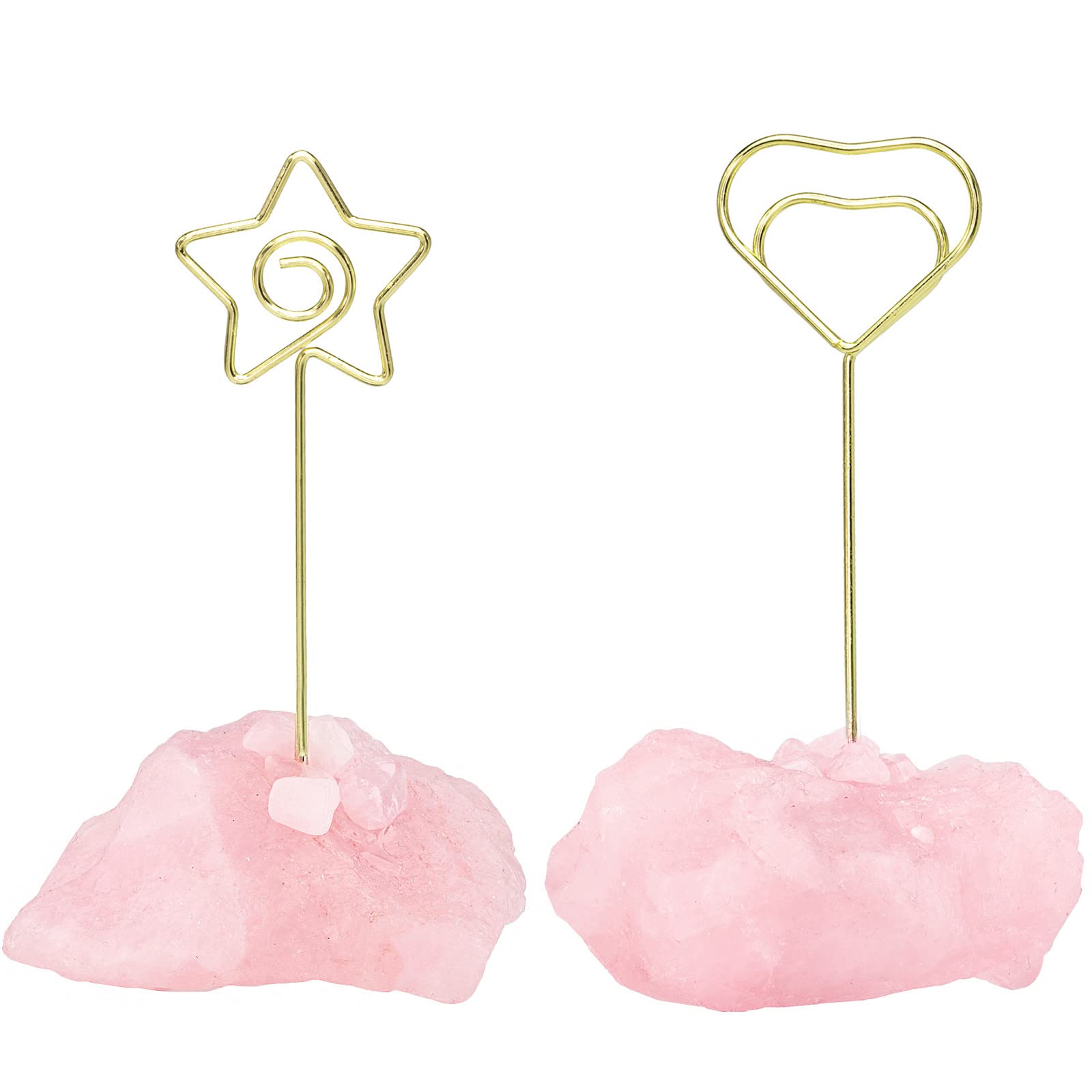 Nupuyai 2pcs Rose Quartz Natural Raw Stone Golden Stand Clip Photo Holders Set, Wedding Name Card Memo Card Holders for Table Decor, Star & Heart Shape