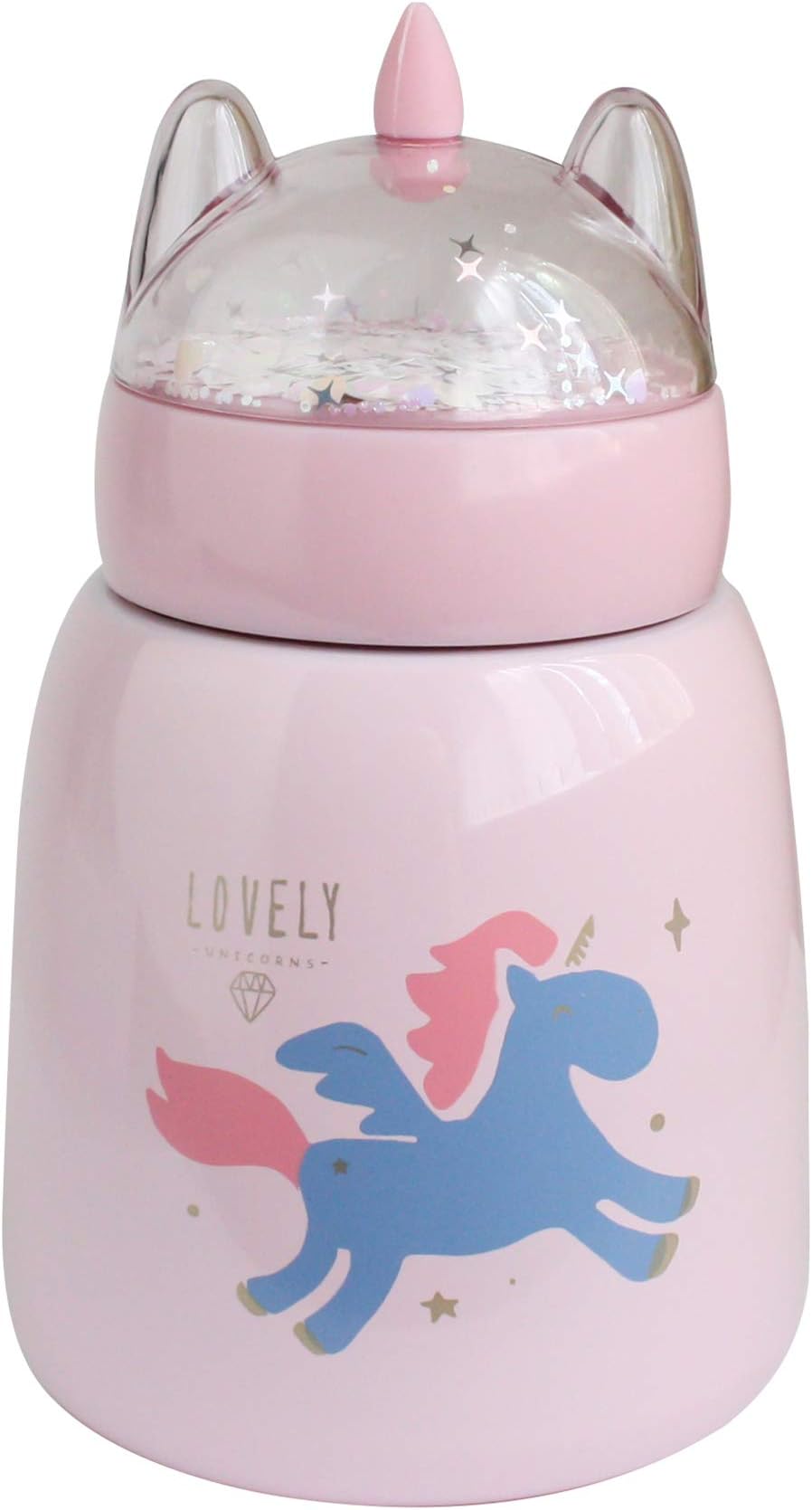 Emartbuy 300 ml Leakproof Unicorn Shimmer Stainless Steel Vacuum Insulated Hot & Cold Flask Water Bottle Food Flask Kids Cute Cool - Pink