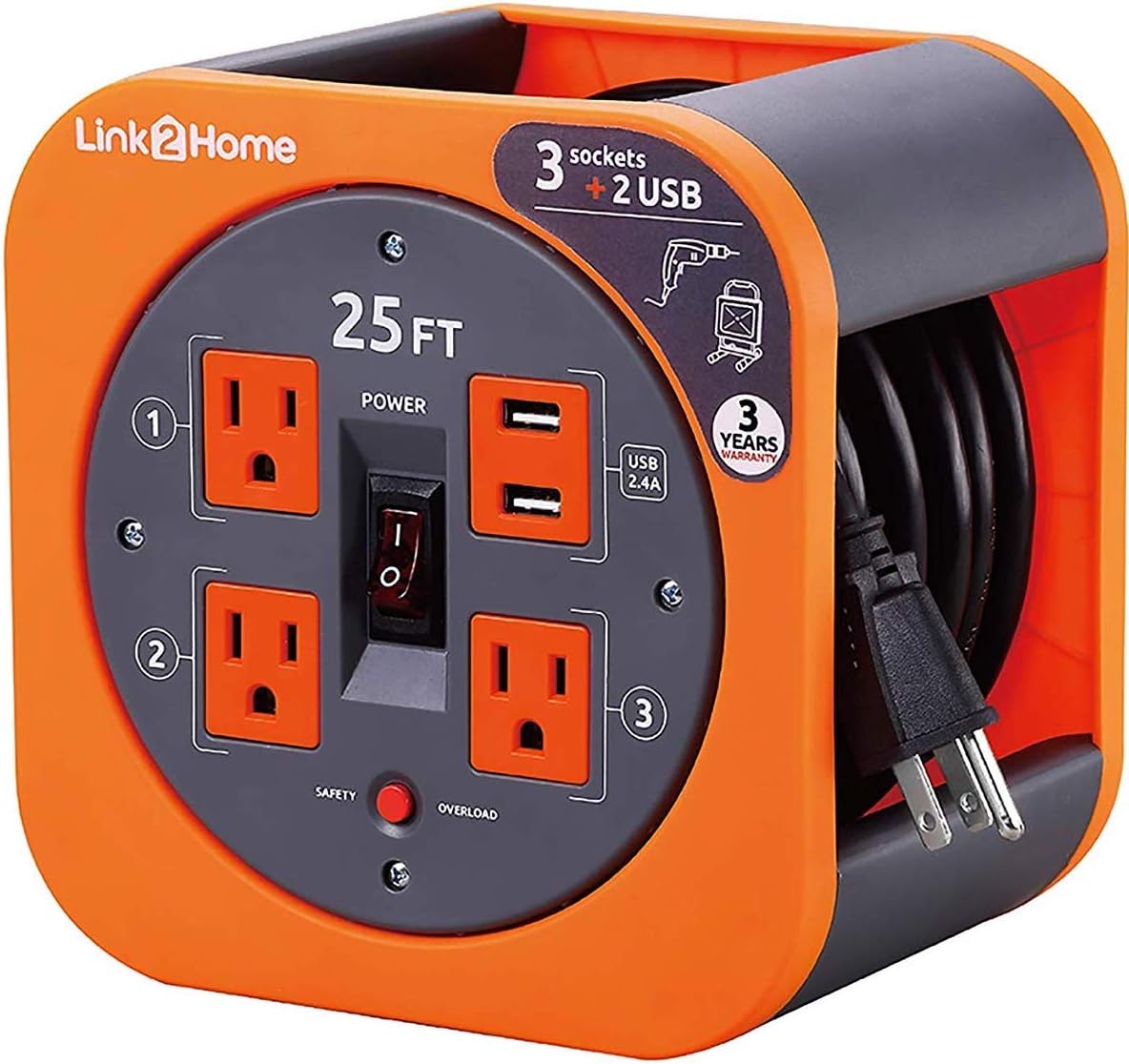 Link2Home Cord Reel 25 ft. Extension Cord 4 Power Outlets, 2 USB Ports