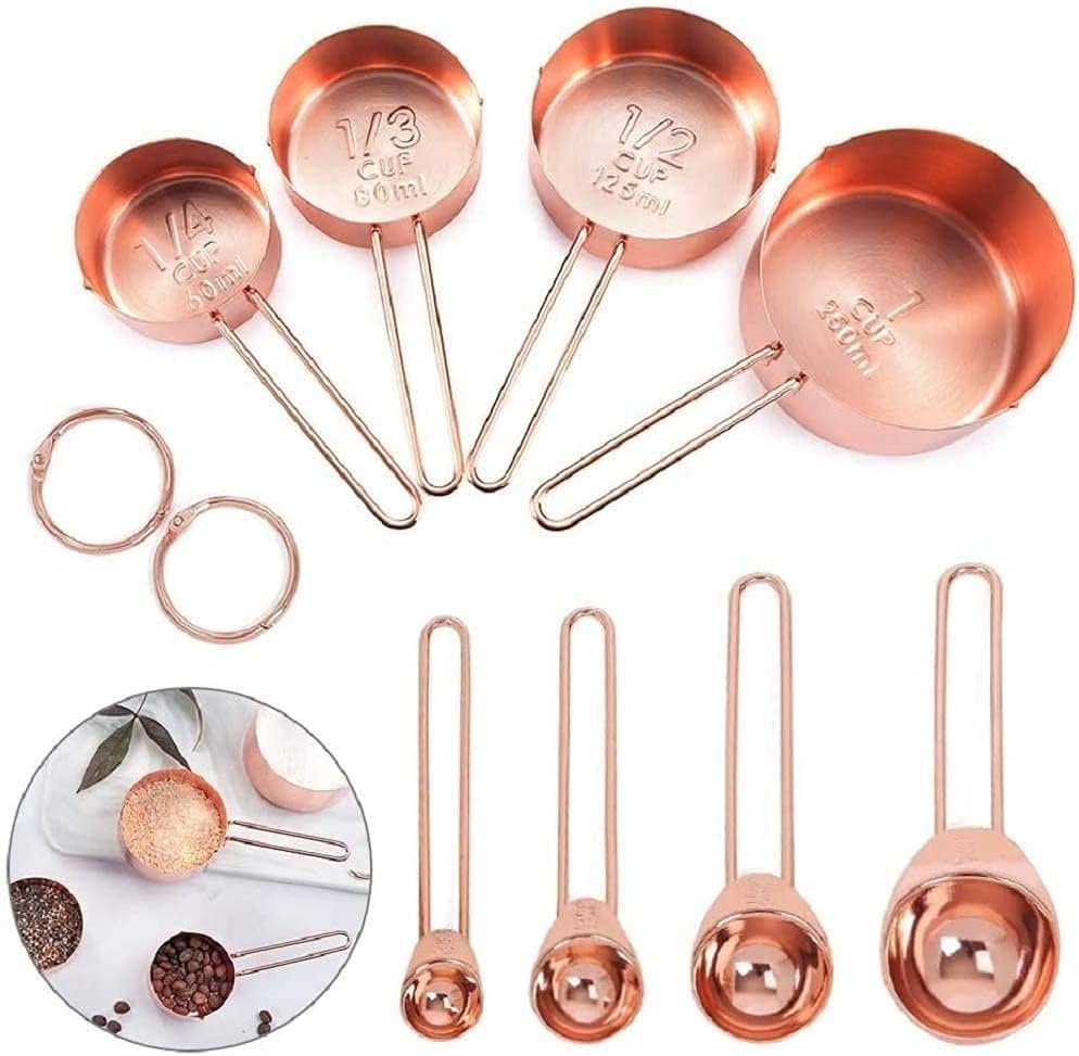 8 Pcs Measuring Cups and Spoons Set, Stainless Steel Rose Gold Measuring Cups & Spoons with Engraved Marking Ruler for Measuring Dry & Liquid Ingredients Baking Cooking, Mixing & Food Processing
