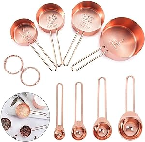 8 Pcs Measuring Cups and Spoons Set, Stainless Steel Rose Gold Measuring Cups & Spoons with Engraved Marking Ruler for Measuring Dry & Liquid Ingredients Baking Cooking, Mixing & Food Processing