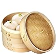 Handmade Steam Basket Bamboo Steamer 10 Inch, 2 Tiers Chinese Food Bamboo Steamers for Cooking, Steam Baskets Dumplings Vegetables Chicken Fish Rice, Reusable 2 Gauze Liners and Chopsticks