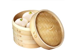 Bamboo Steamer 10 Inch, 2 Tier Steamer Basket & Lid, Dumpling Steamers, Dim Sum Chinese Steam Baskets with Round shape Mesh N