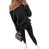 CHICME Women Tracksuit Fall 2 piece Outfits Off The Shoulder Long Sleeve Tops and Pants Set Travel Outfits