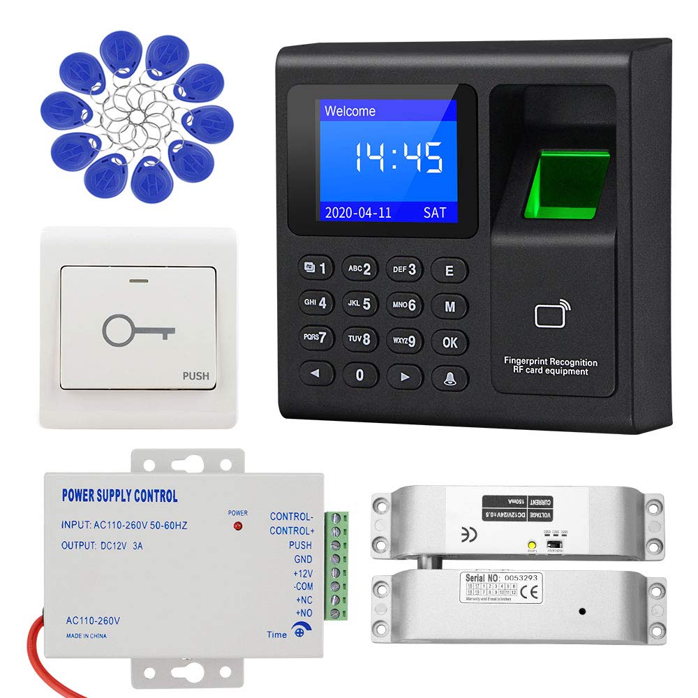 KDL Complete RFID Access Control System Fingerprint Access Controller Keypad, DC12V / 3A Power Supply Transformer, Electronic Bolt Lock with Exit Button, 125KHz ID Keyfobs for All Type of Doors