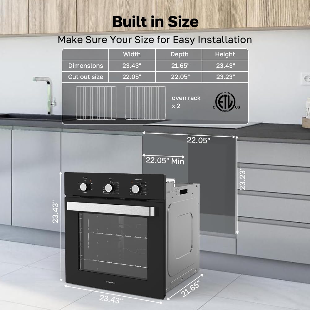 24 Inch Single Wall Oven, ETL Certified, ThermoMate 2.79 Cu. Ft. Built-in Electric Wall Oven with 5 Cooking Functions, Built-in Ovens with Anti-Mistouch Knob, Black Tempered Glass Finish