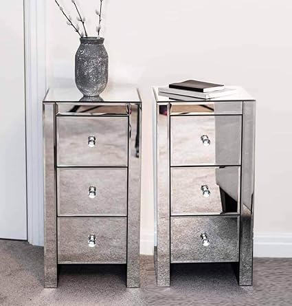 Pair Of Mirrored Bedside Tables Units Cabinets With Three Drawers