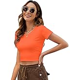 LONGBIDA Women's Scoop Neck Basic Crop Top Solid Short Sleeve T-Shirt