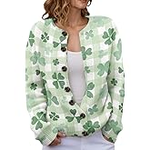 TIAFORD Womens St Patricks Day Knit Open Front Cardigan 2026 Lucky Irish Shamrock Pattern Festive Holiday Layered Sweater