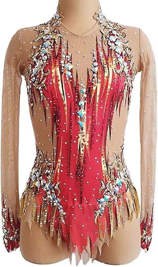 Justaucorps Femme Sans Manches Gymnastique Patinage Danse - Maille Transparente & Strass Élégants
