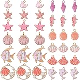 SUNNYCLUE 1 Box 48Pcs 12 Styles Enamel Ocean Charms Pink Seashell Charm Bulk Seahorse Starfish Whale Sea Shell Creature Marine Life Summer Beach Pendants for Necklaces Earring Keychains Jewelry Making
