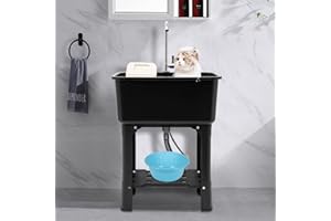 MOCHAG Utility Sink Laundry Tub, 360° Rotatable Faucet Freestanding Plastic Laundry Sink with Storage Shelf&Washboard, Single Bowl Wash Station for Restaurants, Shop, Workshop, Basement