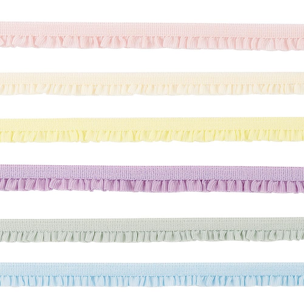 GOMAKERER 12 Yards 6 Colors Nylon Ruffled Elastic Lace Trim, Mini Pleated Lace Trim Ribbon Ultra-Narrow Lace Ruffled Elastic Band for DIY Sewing and Doll Clothes Accessories