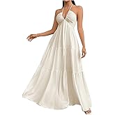 SHENHE Women's Deep V Neck Tie Knot Backless Halter Dress A Line Flowy Ruffle Maxi Dress