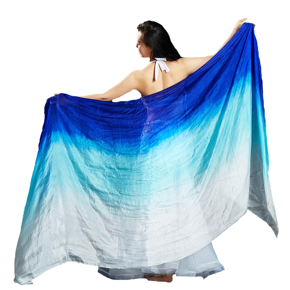 Leemiman Women 2.5 m Long Belly Dance Silk Veils Hand-made Dyed Veil (Blue Turquoise White)
