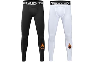 TELALEO 1 or 2 Pack Boys Thermal Compression Leggings Pants Youth Fleece Lined Base Layer Tights Cold Weather Gear