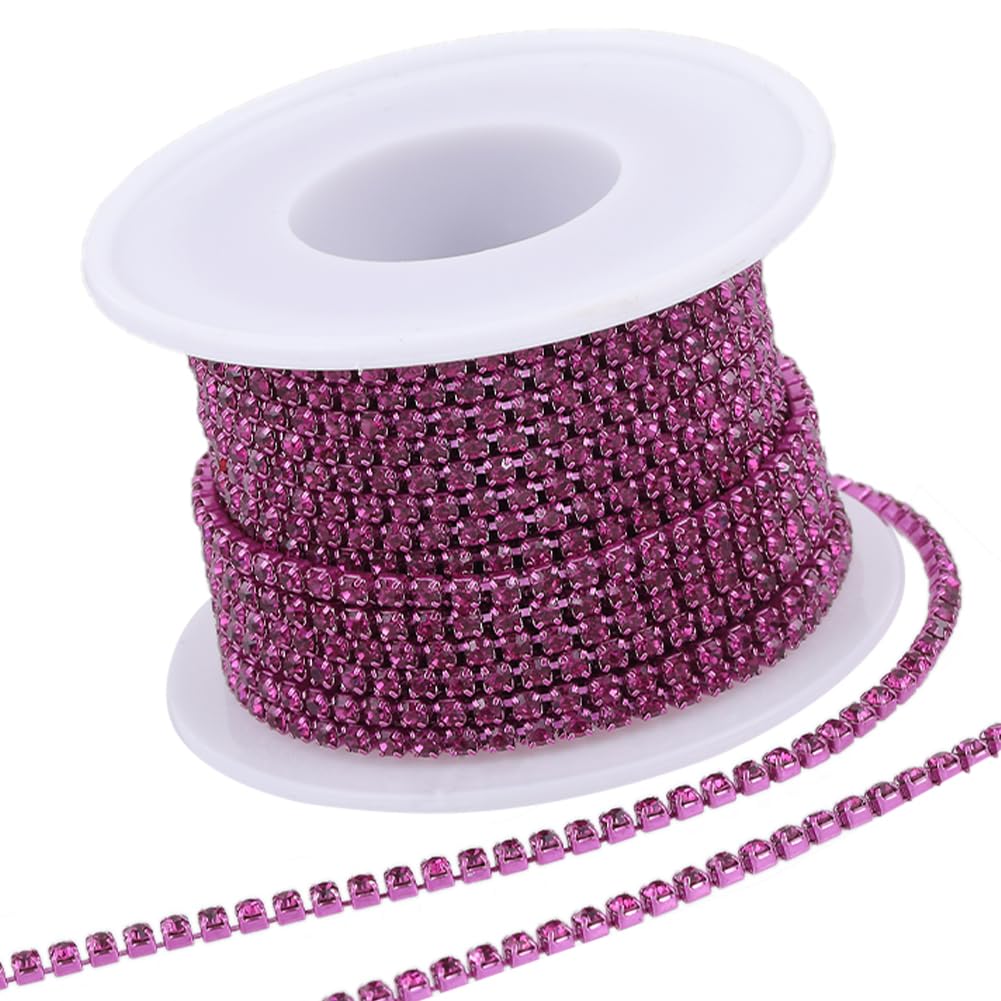 GORGECRAFT 10 Yds 2.5mm Rhinestone Chain Sparkling Crystal Rhinestone Close Claw Chain Trim for DIY Sewing Crafts Jewellery Beading Making Accessories Wedding Decoration, Fuchsia