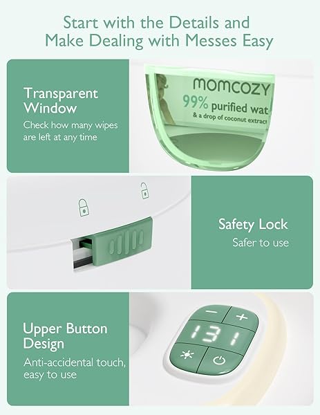 MOMCOZY BABY WIPE WARMER, INNOVATIVE SPRING DESIGN, LARGE CAPACITY WIPES DISPENSER, FAST AND EVEN HEATING, 4 MODES OF TEMPERATURE HEATING CONTROL, DIAPER WIPE WARMER WITH NIGHT LIGHT