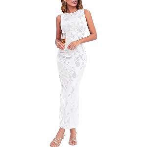 Esooland Women's Summer Spring Cocktail Formal Wedding Guest Dress Sleeveless Slim Fit Floral Mesh Party Long Dresses