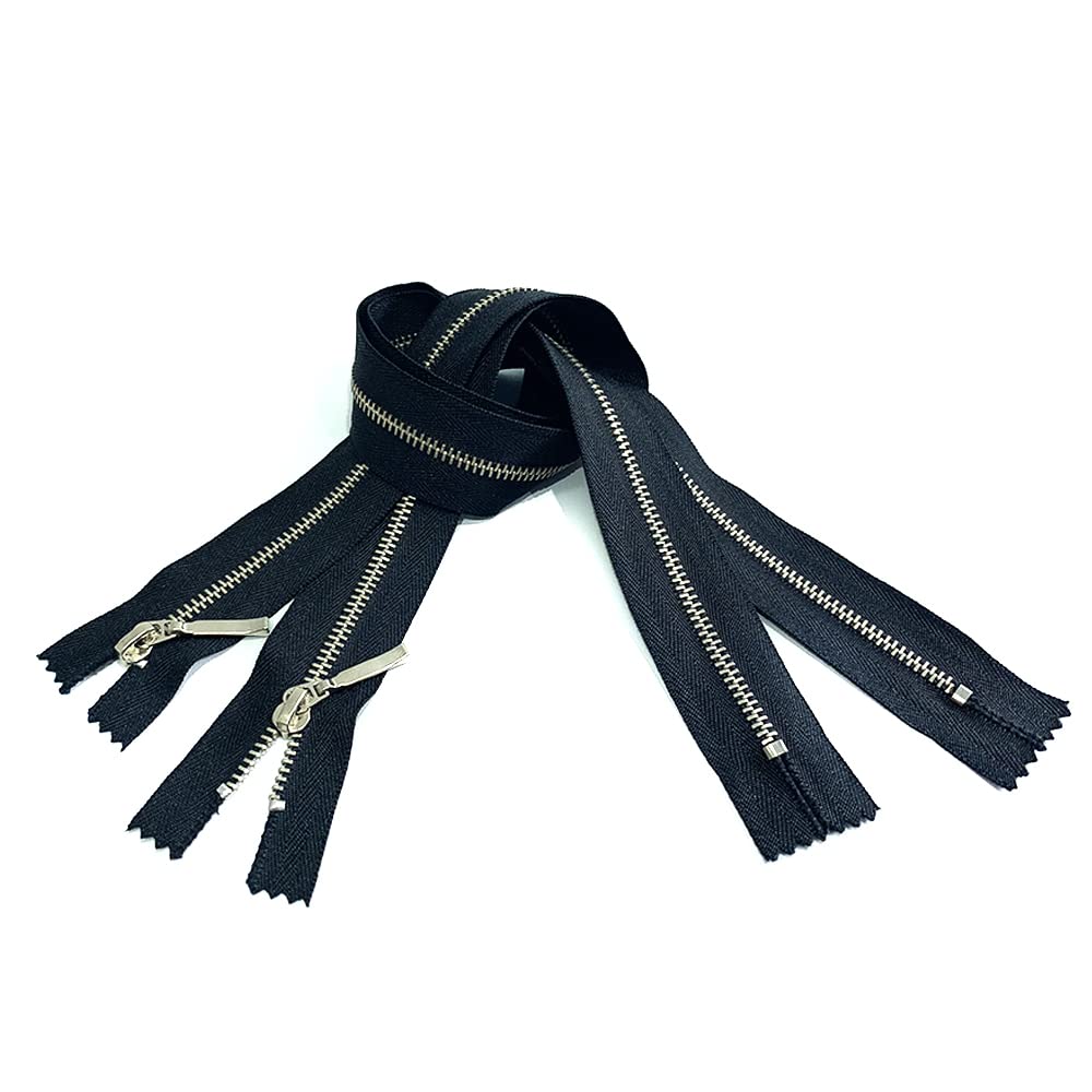 2 Pieces/Pack Zipper Brass Closed 35 cm, Metal Zipper 3#, Zipper for Sewing, Black and Silver, (35 cm, 888)
