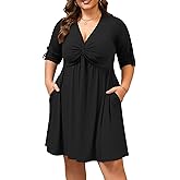 Manllenshie Womens Plus Size Dress Casual Cocktail Party Deep V Neck Twist Knot Front Flowy Midi Dresses with 2 Pockets Roll up Long Sleeve (Black,XL)