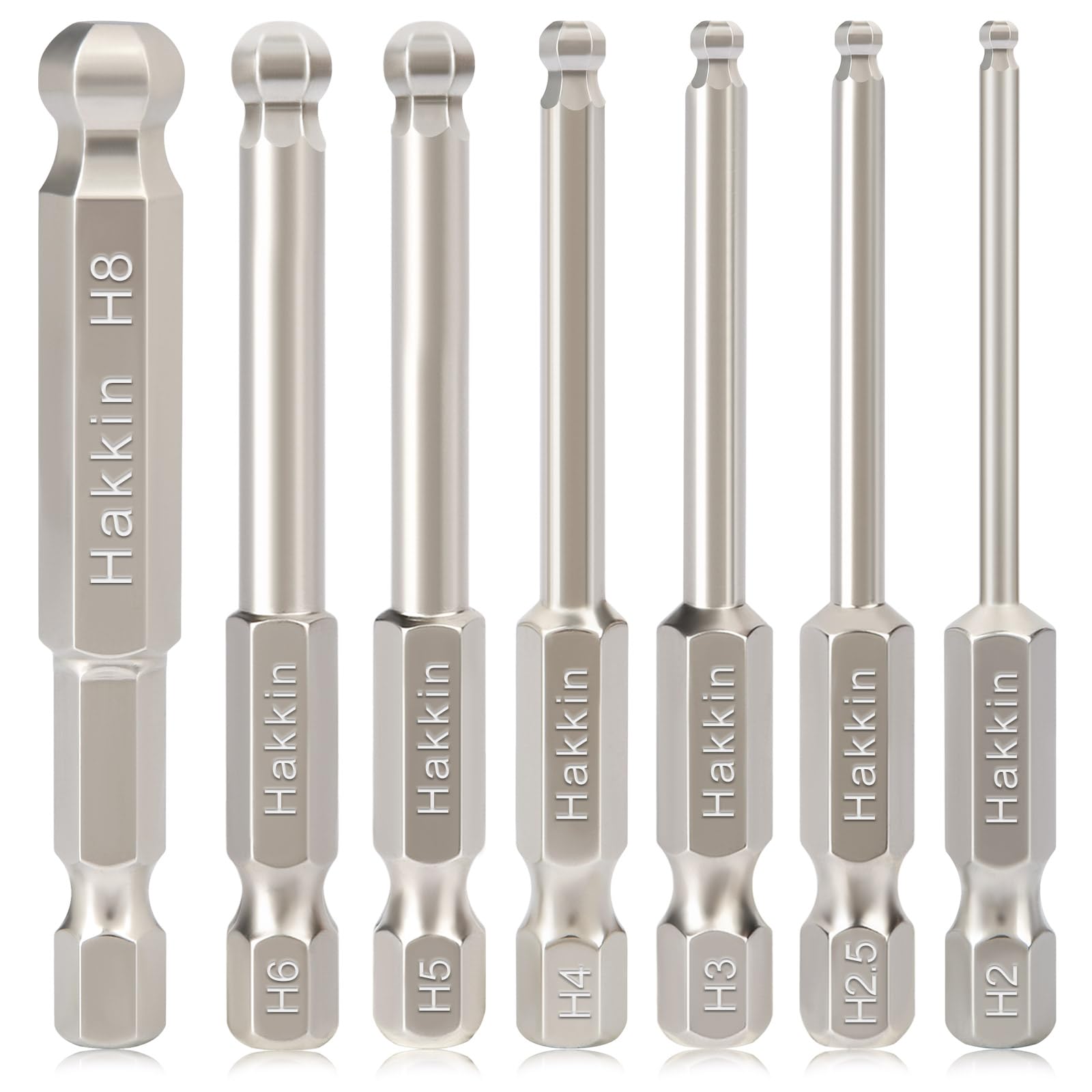 Hakkin 7PCS Ball End Hex Screwdriver Bits Set S2 Steel Magnetic Allen Key Set 65mm Length 1/4" Hex Shank Allen Wrench Screwdriver Bits for Furniture Assembly - Metric H2-H8