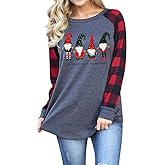 Merry Christmas T Shirt for Women Baseball Long Sleeve Raglan Plaid Splicing Tee