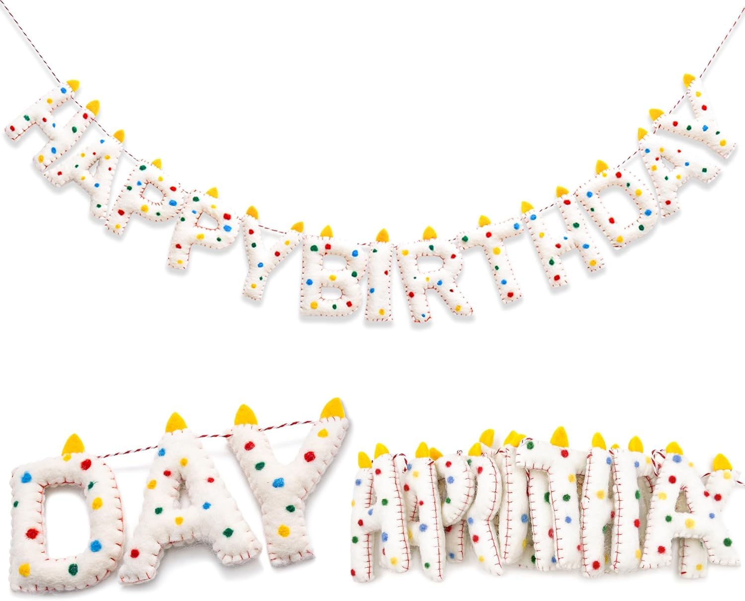 Pre-Strung 3D Wool Felt Happy Birthday Candle Banner,Handmade Confetti Dots Birthday Garland for Party Decorations, Reusable Happy Birthday Sign for Party Supplies Kids Girls Boys Party