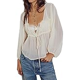 Women Chiffon Blouse Top Ruffle Trim Tie Front Shirt Long Sleeve Flowy Cardigan Lace Frilly Going Out top