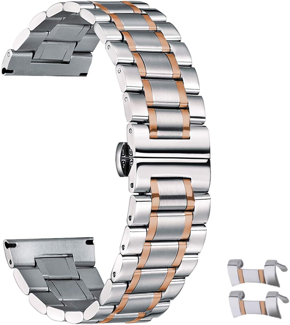 High-end Stainless Steel Watch Bands, Watch Strap with Straight and Curved End Double Clasp Watch Band Replacement 20mm Silver&Rose Gold